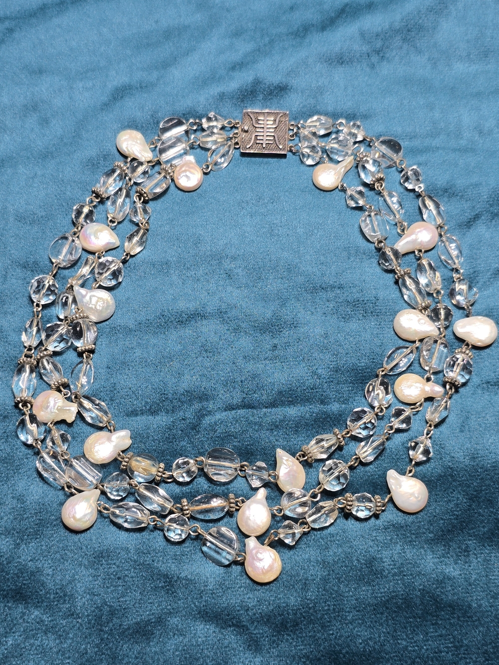 925 Sterling Silver Multi-Strand Clear Crystal and White Pearl Teardrop Necklace